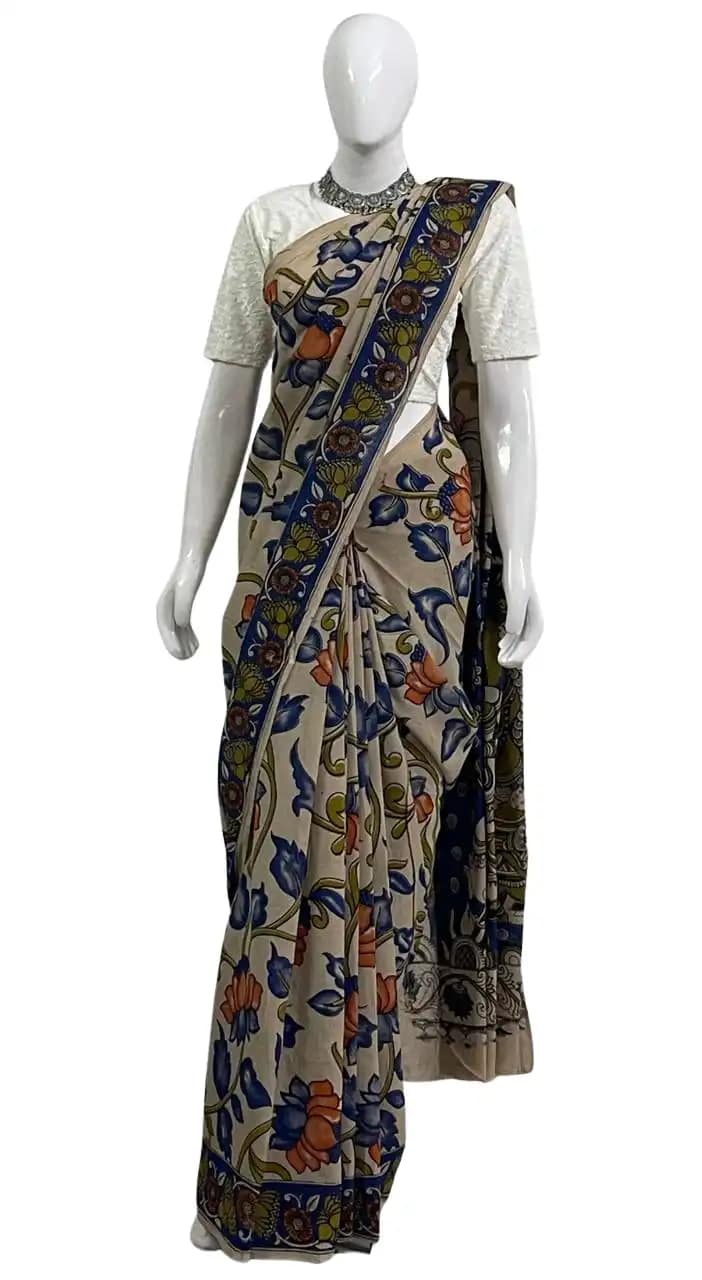 Kalamkari Cotton Saree Cream Indigo Floral Pallu