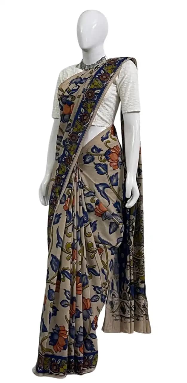 Kalamkari Cotton Saree Cream Indigo Floral Pallu view 2
