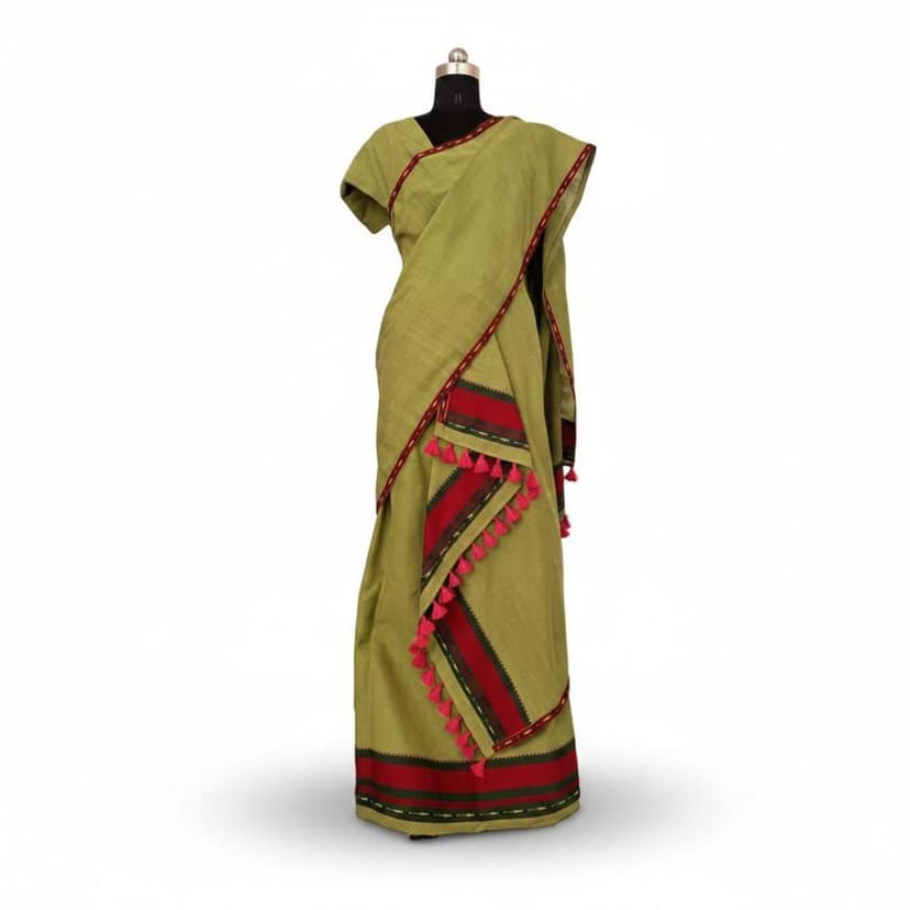 Olive Green Cotton Saree with Red Border and Tassels