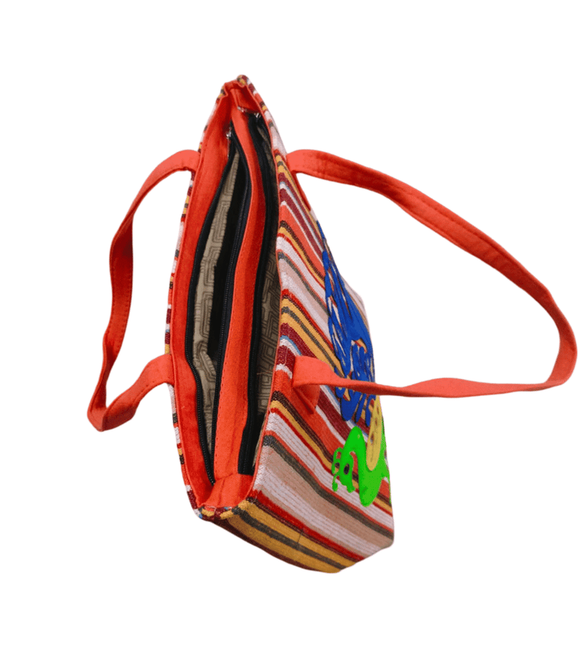 Striped Tote Bag with Embroidered Peacock view 2