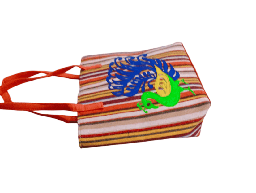 Striped Tote Bag with Embroidered Peacock view 3