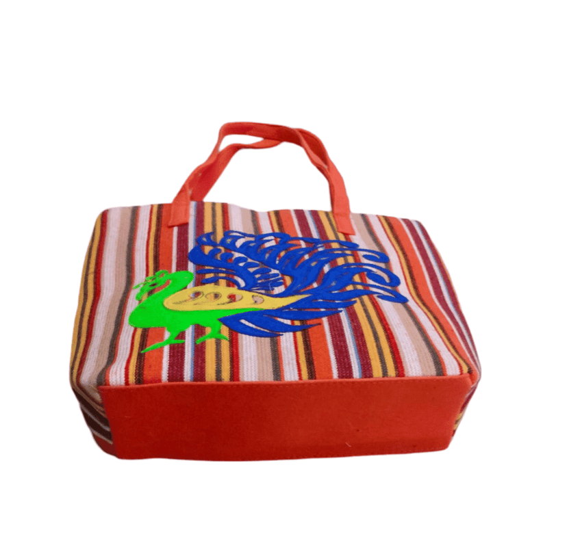 Striped Tote Bag with Embroidered Peacock view 4