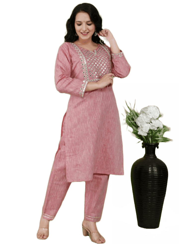 Cotton Women's Kurti and Pant, Pink
