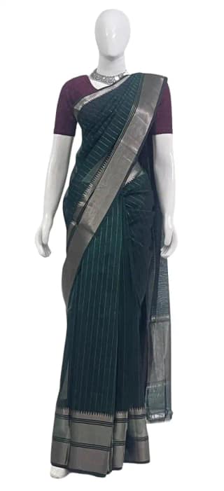 Mangalgiri Bottle Green Silk Cotton Saree Zari Stripes