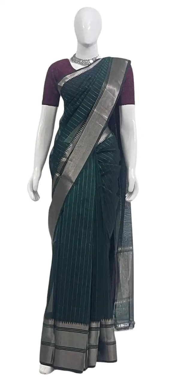 Mangalgiri Bottle Green Silk Cotton Saree Zari Stripes