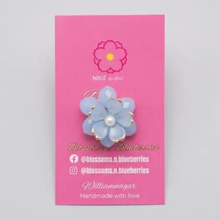 Handcrafted Pastel Blue Layered Floral Brooch Pin with Faux Pearl & Gold Accents