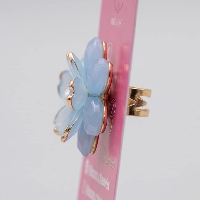 Handcrafted Pastel Blue Layered Floral Brooch Pin with Faux Pearl & Gold Accents view 3