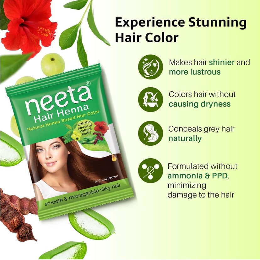 Neeta Hair Henna Powder Hair Color with 5 Herbs Natural Brown 25gm Pack of 8, Ammonia Free Hair Colour for Women & Men view 5