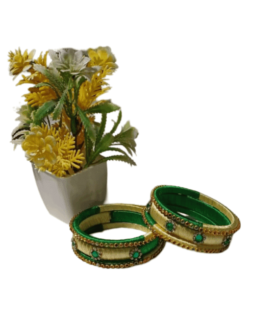 Green and Cream Silk Thread Bangles with Stone Detailing view 3