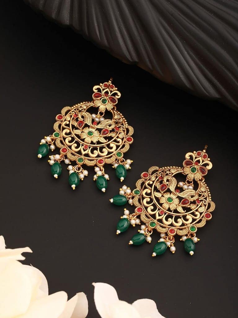 20K Gold Plated Red Stones Studded & Beaded Temple Chandbali Earrings view 2