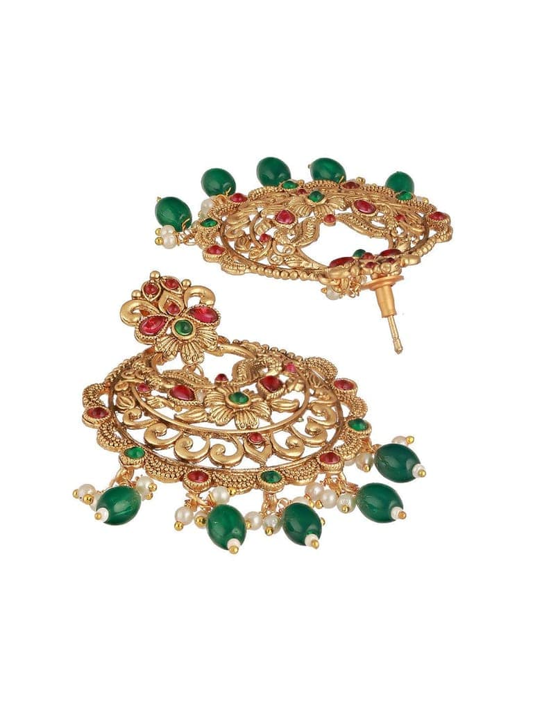 20K Gold Plated Red Stones Studded & Beaded Temple Chandbali Earrings view 5