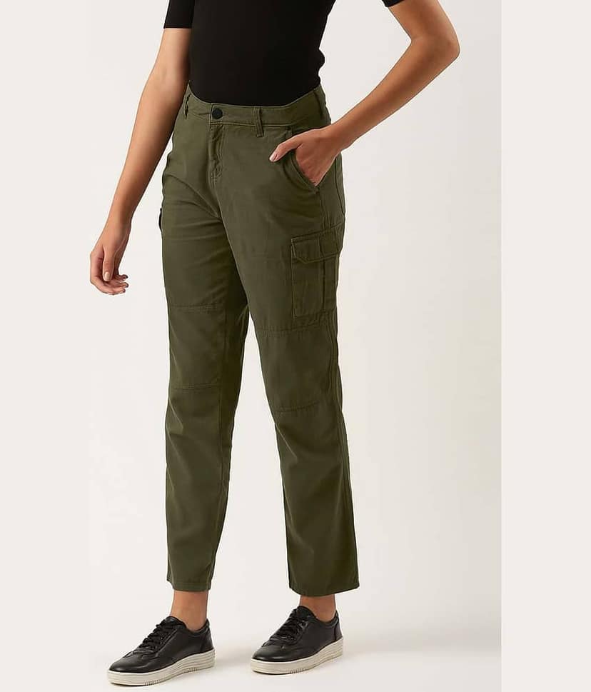 Women Forest Green Slim Fit Solid Cargo Trousers view 3
