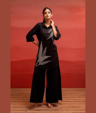 Juniper Women Shirt With Trousers Co-Ord Set ( Black )