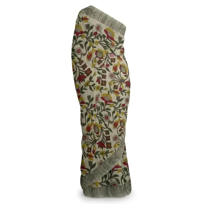 Cream Printed Odisha Handloom Saree | Ethnic Woven Cotton view 2