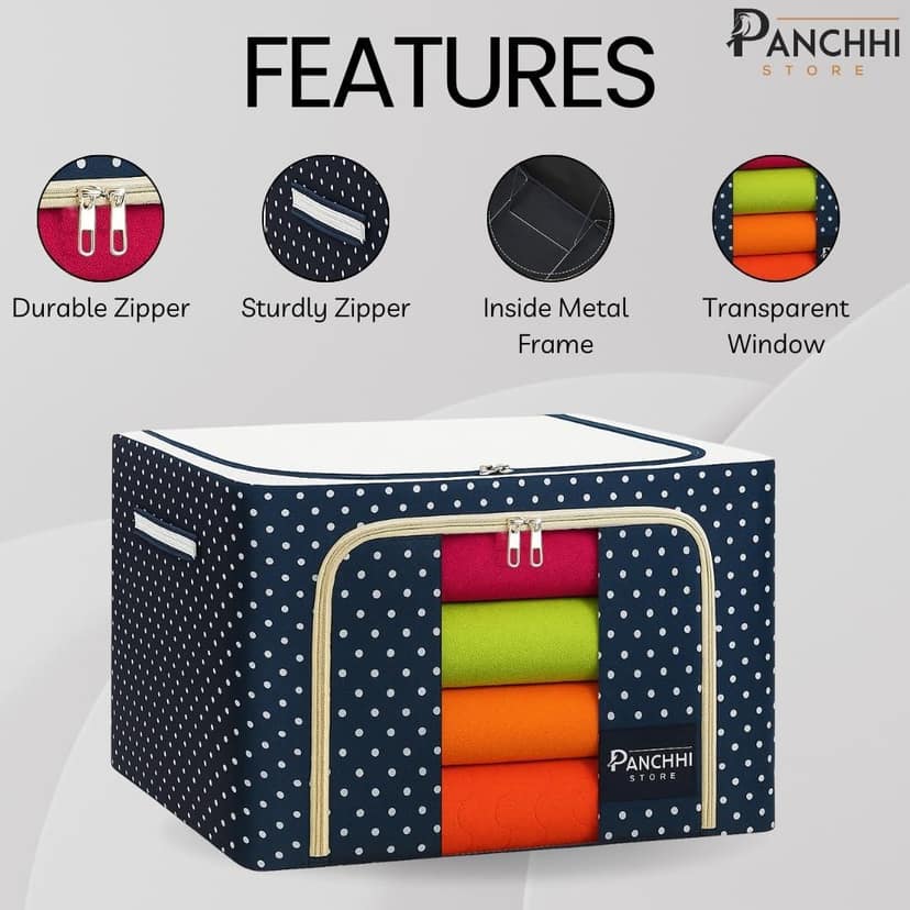 Panchhi Store Storage Box and Organiser 66 Liter Wardrobe Organizer for Storage Foldable Steel Frame Storage organiser with Zipper with Clear Window & Handles Storage Bags for Clothes Large Pack of view 2