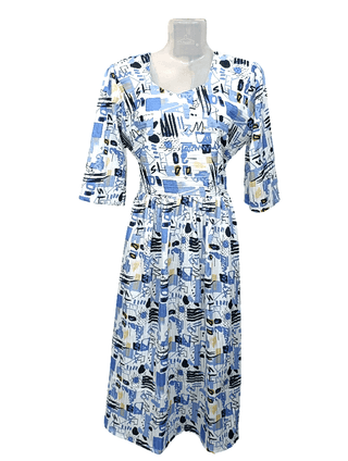 Women's Abstract Print V-Neck Midi Dress | Blue & White Casual A-Line Dress