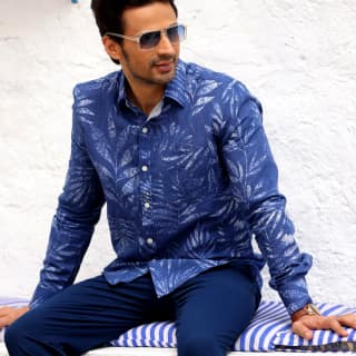 Tropical Leaves Cobalt Blue Casual Pure Linen Full Shirt (Size - L) by BLUE EAGLE