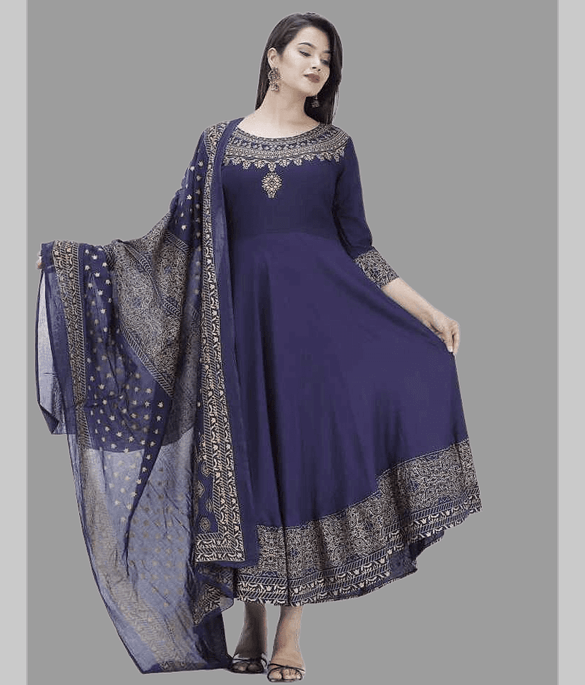 NUPITAL Rayon Printed Anarkali Women's Kurti with Dupatta - Blue ( Pack of 1 )