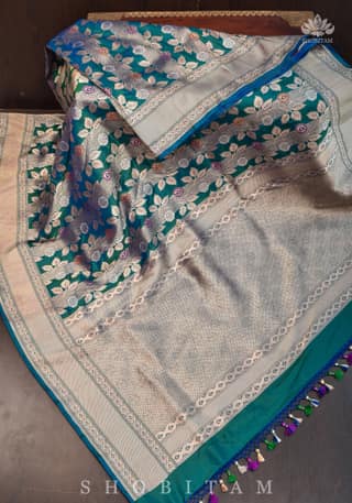 Meenakari Rose Creeper Jaal on Purple Katan Silk Banarasi Saree in Dual tone Blue Green | SILK MARK CERTIFIED