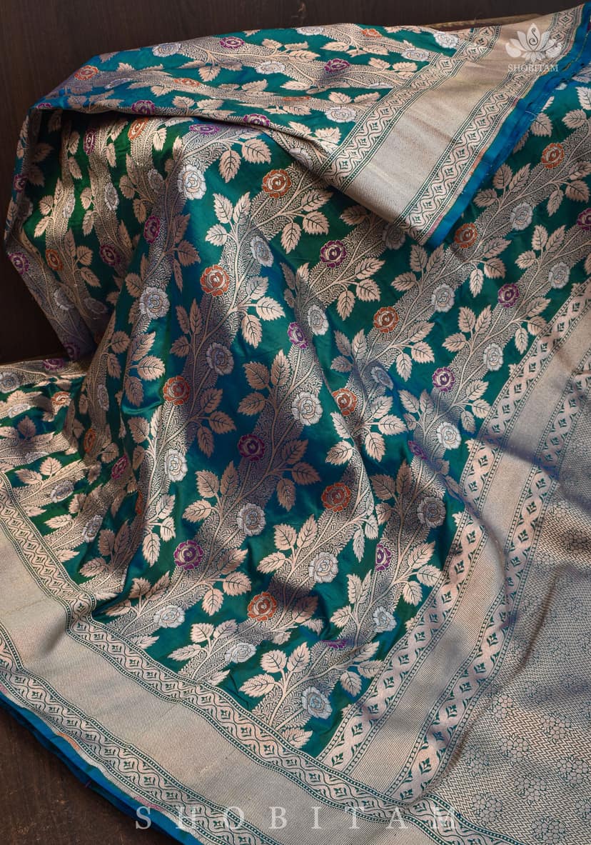Meenakari Rose Creeper Jaal on Purple Katan Silk Banarasi Saree in Dual tone Blue Green | SILK MARK CERTIFIED view 2