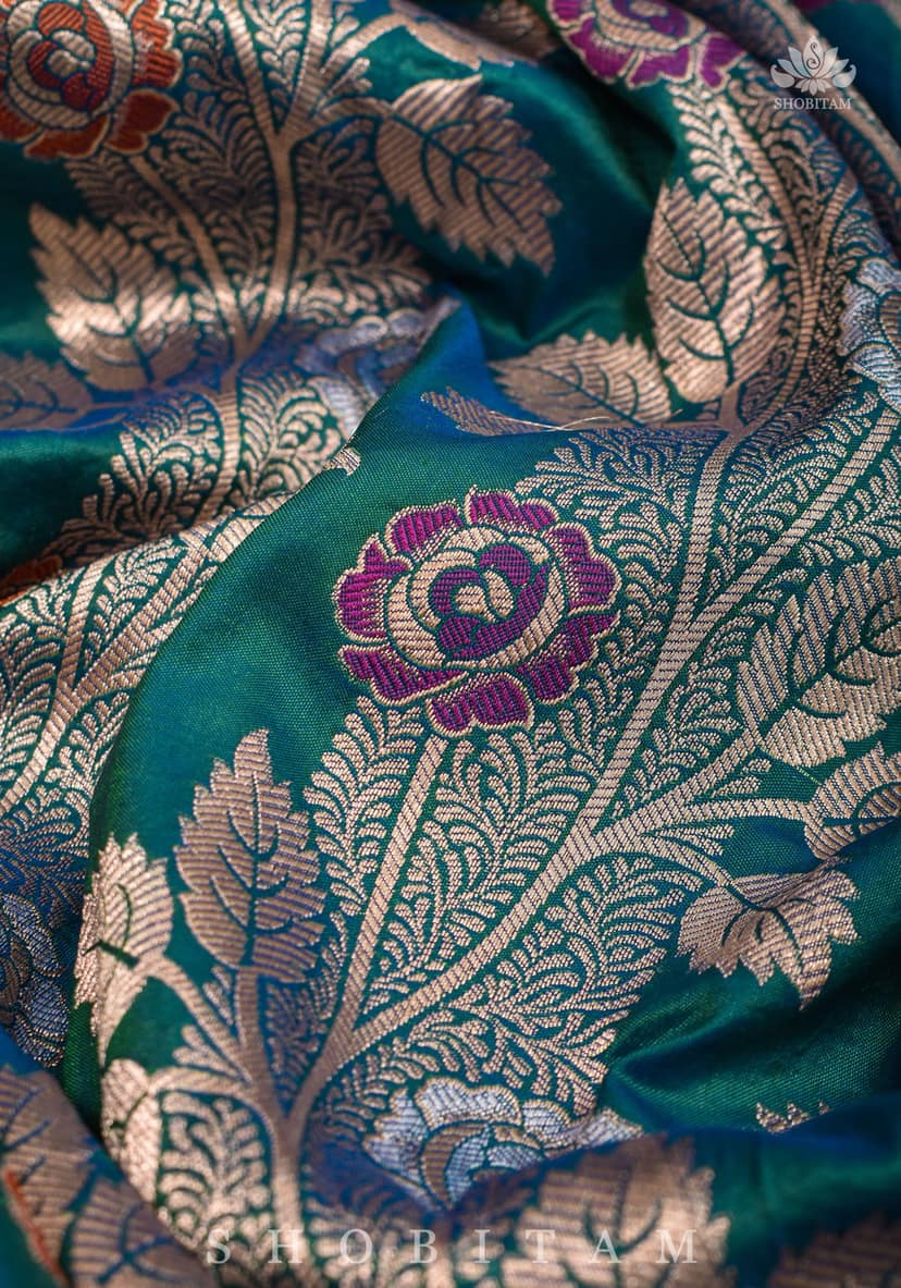 Meenakari Rose Creeper Jaal on Purple Katan Silk Banarasi Saree in Dual tone Blue Green | SILK MARK CERTIFIED view 3