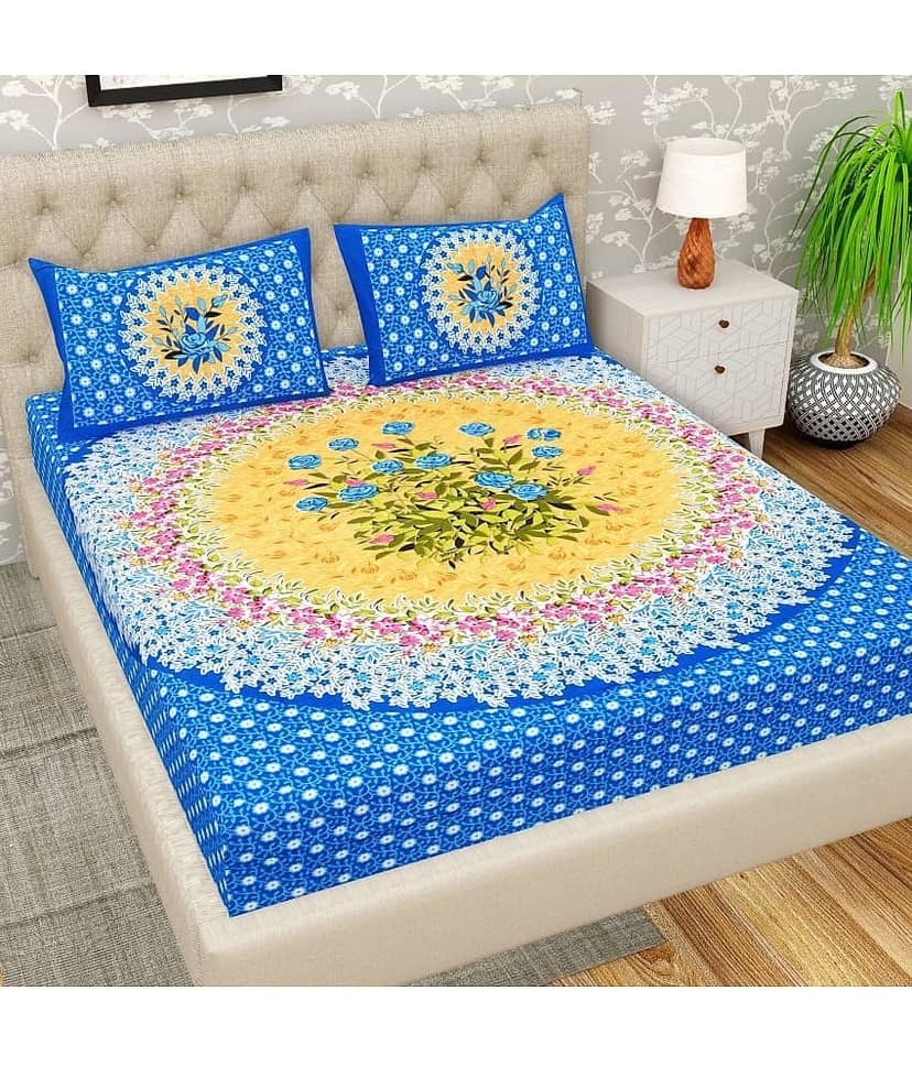 Cosito Cotton 1 Double Bedsheet with 2 Pillow Covers ( Blue )