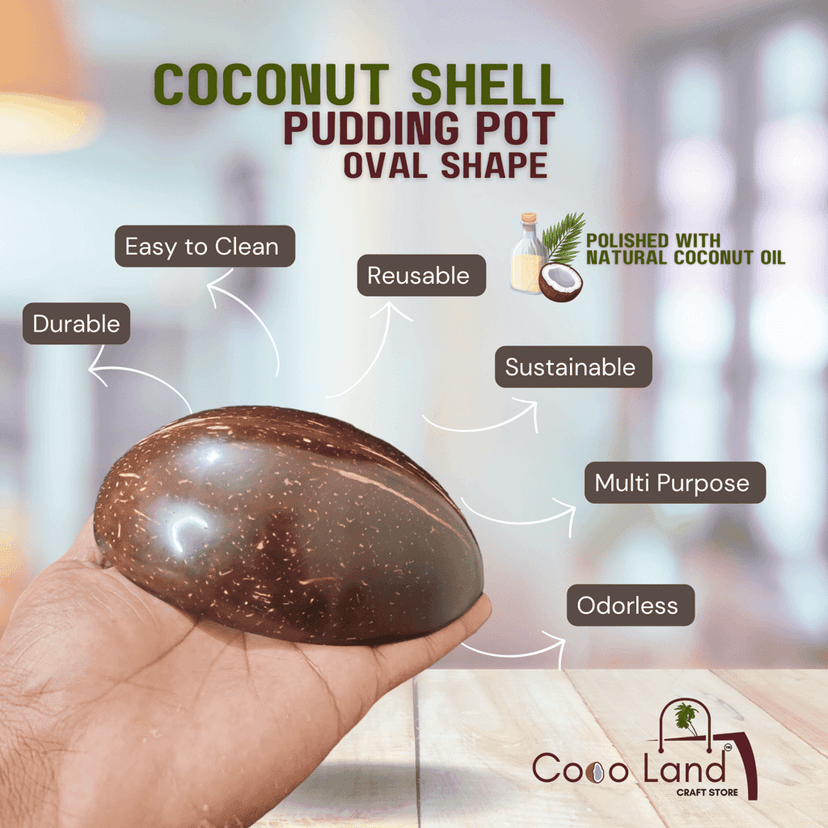 CocoLand Coconut Shell Pudding Pot Oval Shape (150-250 ml) M-L Size Coconut Oil Polished view 2