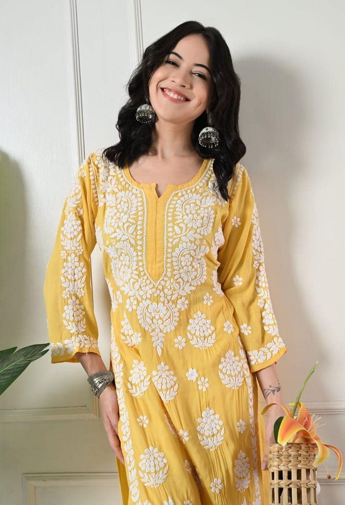 Hand Embroidered Chikankari Modal Plazo Set 3d Work-Yellow view 3