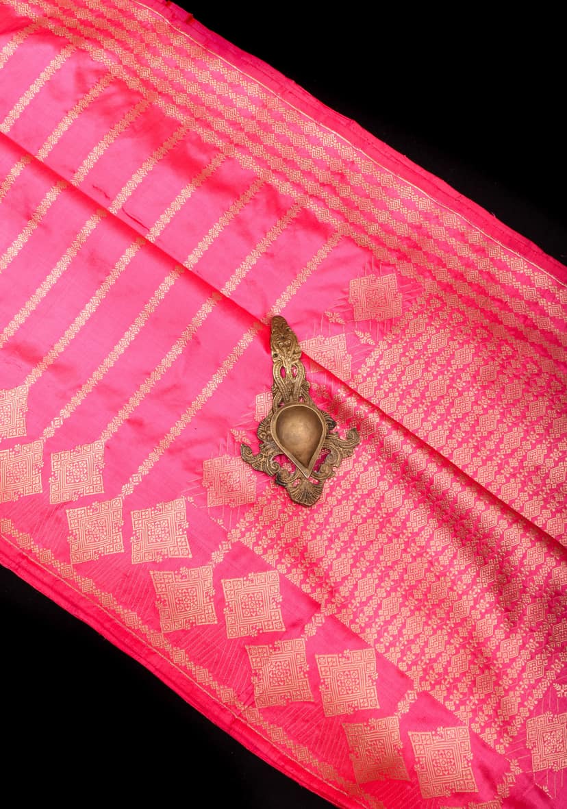 Candy Pink Tone Banarasi Katan Silk with Zari Stripe and Geometric design on Border | SILK MARK CERTIFIED view 2