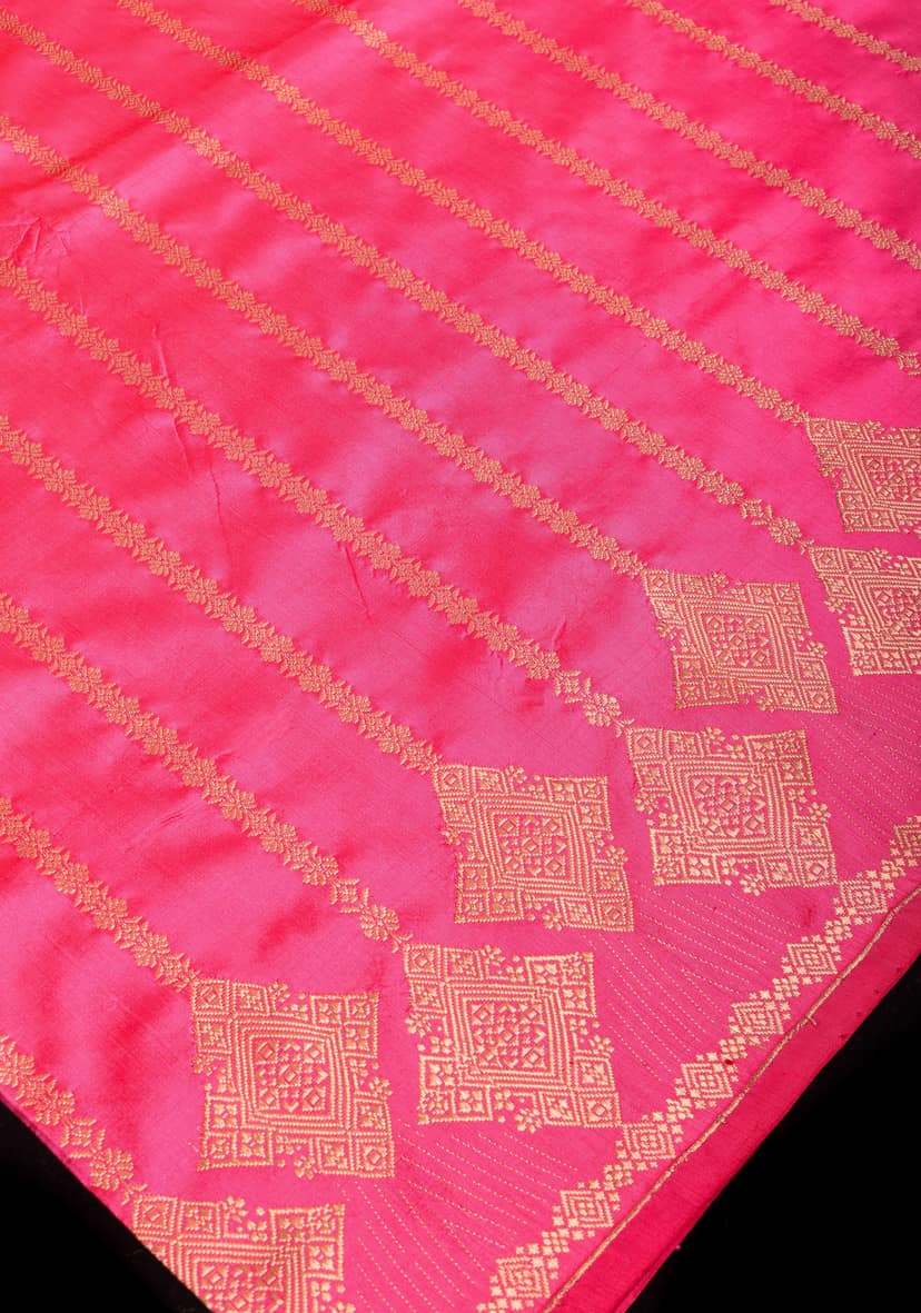 Candy Pink Tone Banarasi Katan Silk with Zari Stripe and Geometric design on Border | SILK MARK CERTIFIED view 3