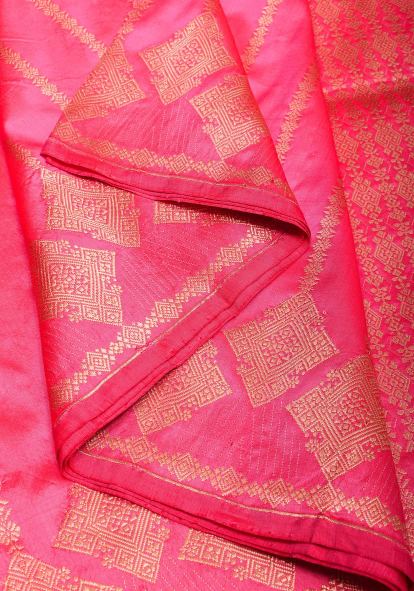 Candy Pink Tone Banarasi Katan Silk with Zari Stripe and Geometric design on Border | SILK MARK CERTIFIED view 5
