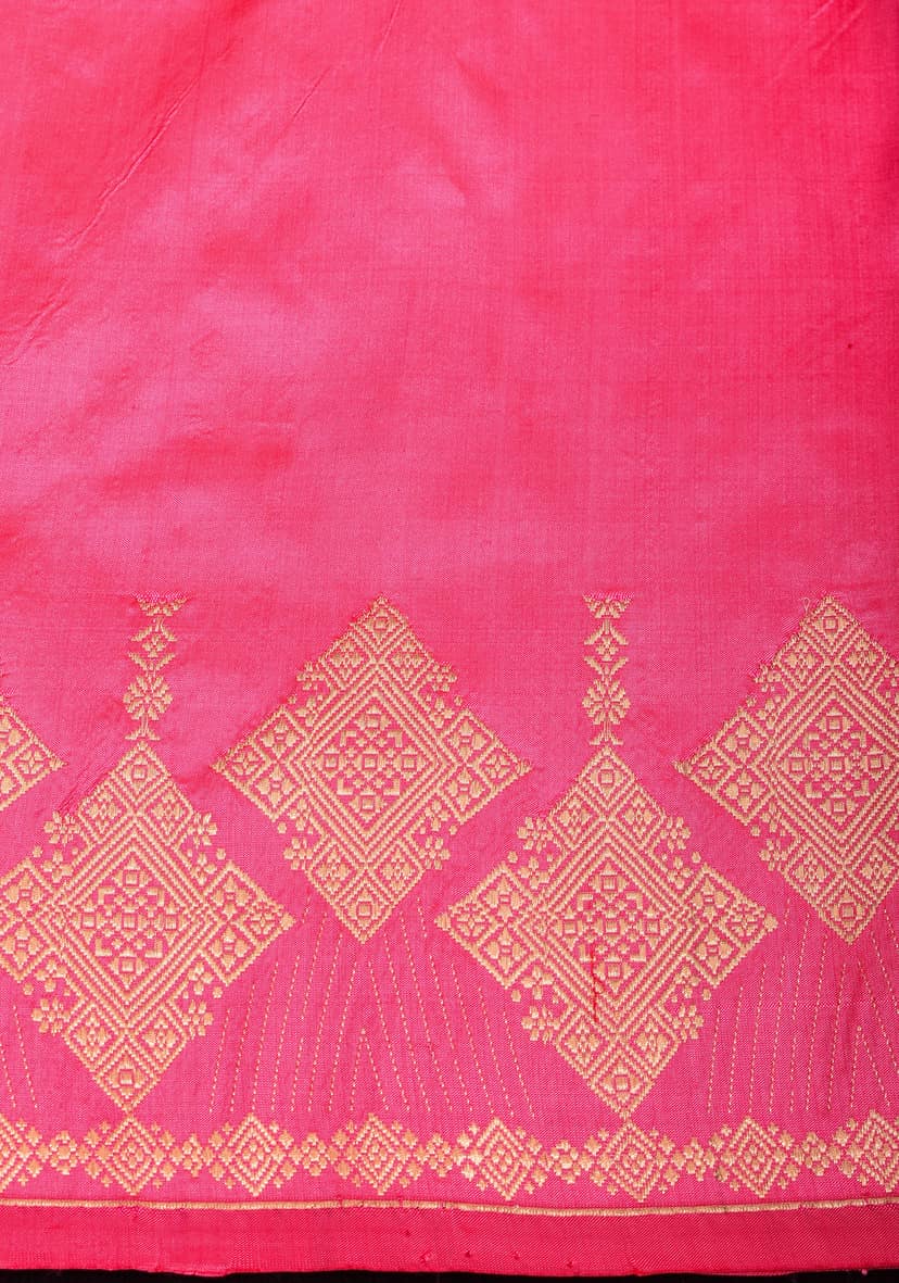 Candy Pink Tone Banarasi Katan Silk with Zari Stripe and Geometric design on Border | SILK MARK CERTIFIED view 7