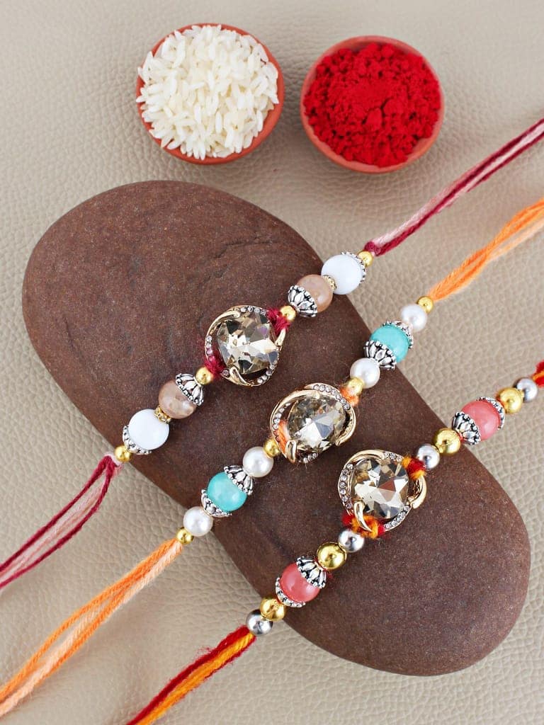 Lucky Jewellery Designer Gold Plated Gold Stone Rakhi - Rakshabandhan Rakhee Bracelet for Brother Bhaiya Bhai Bhabhi - Pack of 3 (300-CHR1-1002B-3) view 2