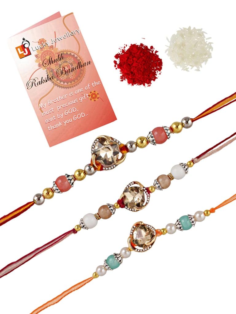 Lucky Jewellery Designer Gold Plated Gold Stone Rakhi - Rakshabandhan Rakhee Bracelet for Brother Bhaiya Bhai Bhabhi - Pack of 3 (300-CHR1-1002B-3) view 3