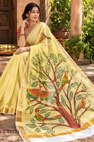 DHRUVINSRI Premium Kerala Cotton Kasavu Saree with Golden Zari Border, Wearable Indian Art, 6.25 m Length and Running Blouse, Features Acrylic Hand-Painted Radha Krishna Vrindavan Artwork Inspired by Krishna's Bansuri