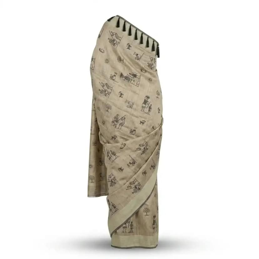 Sambalpuri Beige Folk Heritage Ikat Handloom Saree view 2