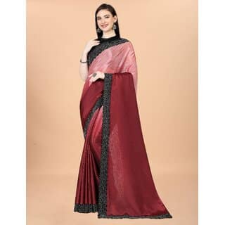 Red And Pink Colour Chinon Silk Saree With Lace