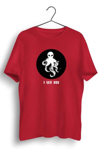 I Sea You Graphic Printed Mens Round Neck Red Cotton Tshirt
