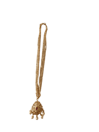Delicate Gold Plated Long Necklace with Ruby and Pearl Pendant