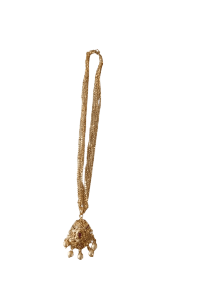Delicate Gold Plated Long Necklace with Ruby and Pearl Pendant