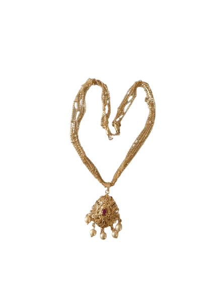 Delicate Gold Plated Long Necklace with Ruby and Pearl Pendant view 2