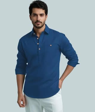 Yugnik Cotton Blend Plain Shirt Style Kurta For Men ( White )