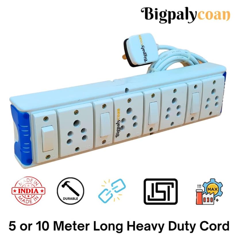 Bigpalycoan 4 Way Extension Cord with Multiple Outlets Individual Switch Heavy Duty Long Cable (Max. Rating 1200W- 230V) PVC Blue/Green-White view 2