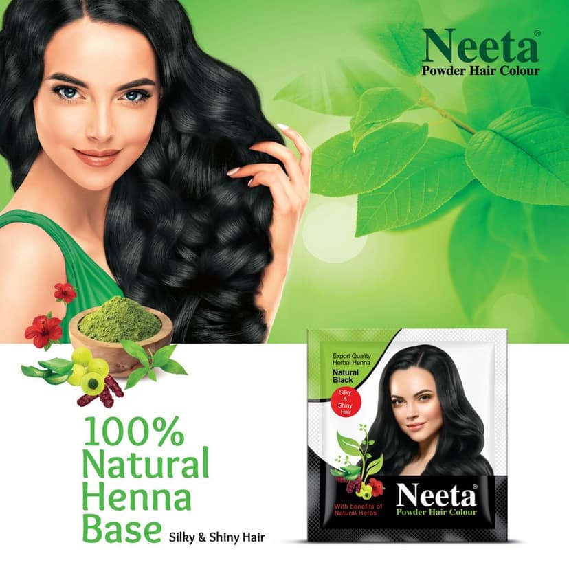 Neeta Powder Hair Colour Natural Black 5g Pack of 12, Henna Based Hair Color for Women Men, Enriched with Natural Herbs view 8