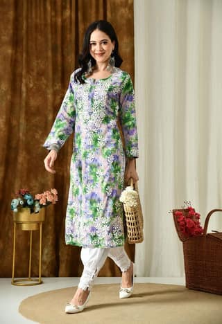 Multi color Mulmul Pure Cotton Lucknow Chikankari Kurta -Green