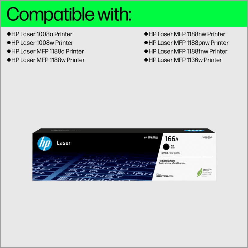HP 166A Black Toner Cartridge (W1660A) Compatible with HP Laser 1008a, 1008w, HP Laser MFP 1188a, 1188w, 1188nw Printer view 2