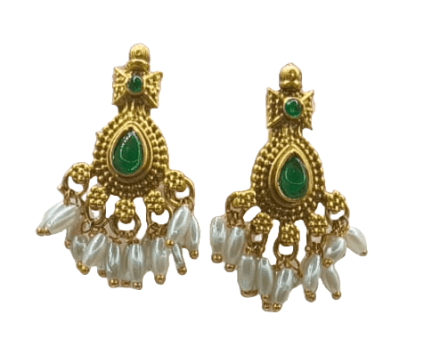Gold-plated traditional Indian choker necklace set with green stones and pearls view 3