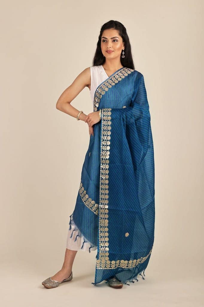 Dazzling-Blue Leheria Kota Doria Extra-Wide Dupatta from Jodhpur with Gota Border view 3