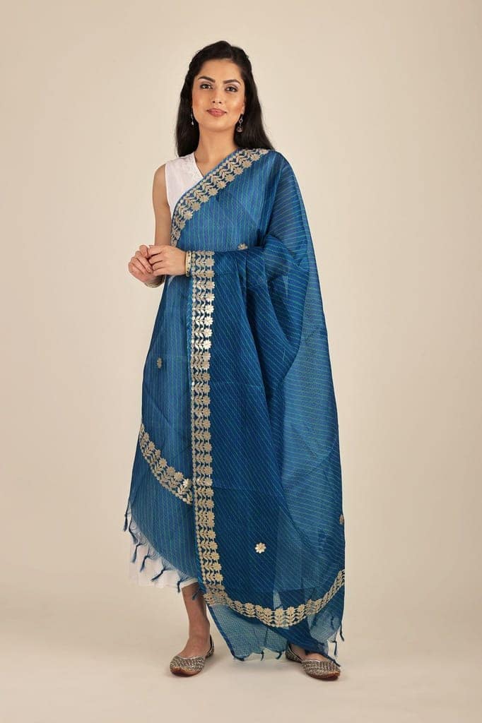 Dazzling-Blue Leheria Kota Doria Extra-Wide Dupatta from Jodhpur with Gota Border view 4