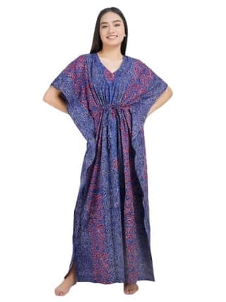 KOI SLEEPWEAR Cotton Kaftan Free Size Nighty Night Gown Sleepwear Blue